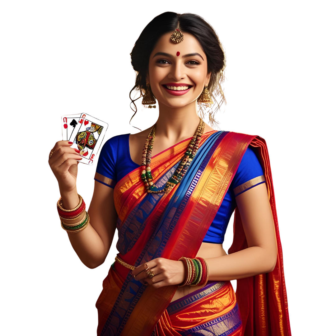 NOOR777 Online Matka Gaming Platform - Indian woman in traditional saree holding playing cards representing trusted Satta Matka gaming